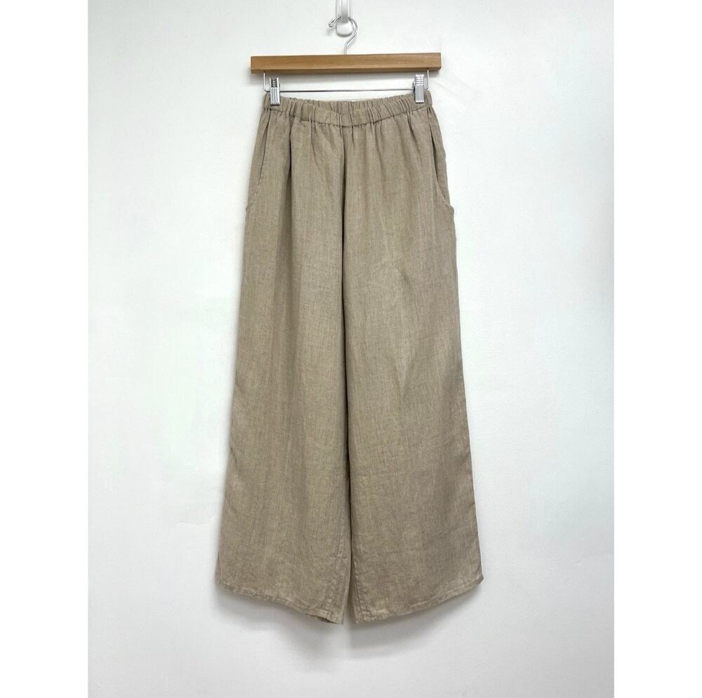 FLAX Linen Wide Leg Flood Crop Pull-On Elastic Waist Lagenlook Tan Pants - Small